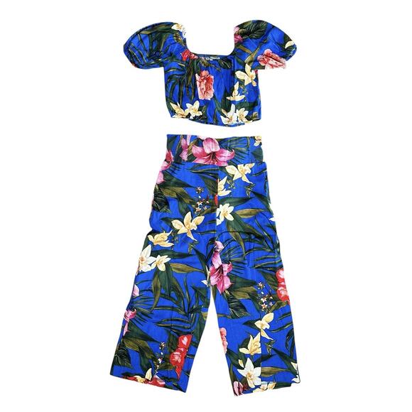 Revolve Cupcakes & Cashmere Crop Top & Pants Set Linen Blend Tropical Hawaiian - Picture 9 of 13